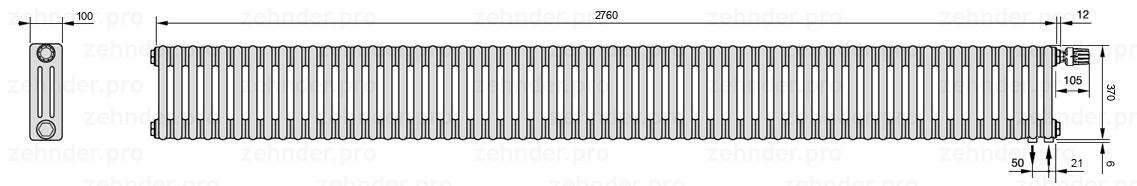 Схема (чертеж) Радиатор Zehnder Charleston 3037/60 №V002 Белый глянцевый RAL 9016